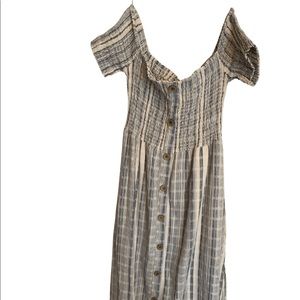 Altr’d State midi off the shoulder dress in pinstripe